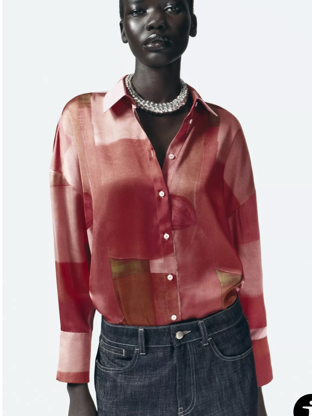 Zara Satin Button-Front Blouse - Red Abstract